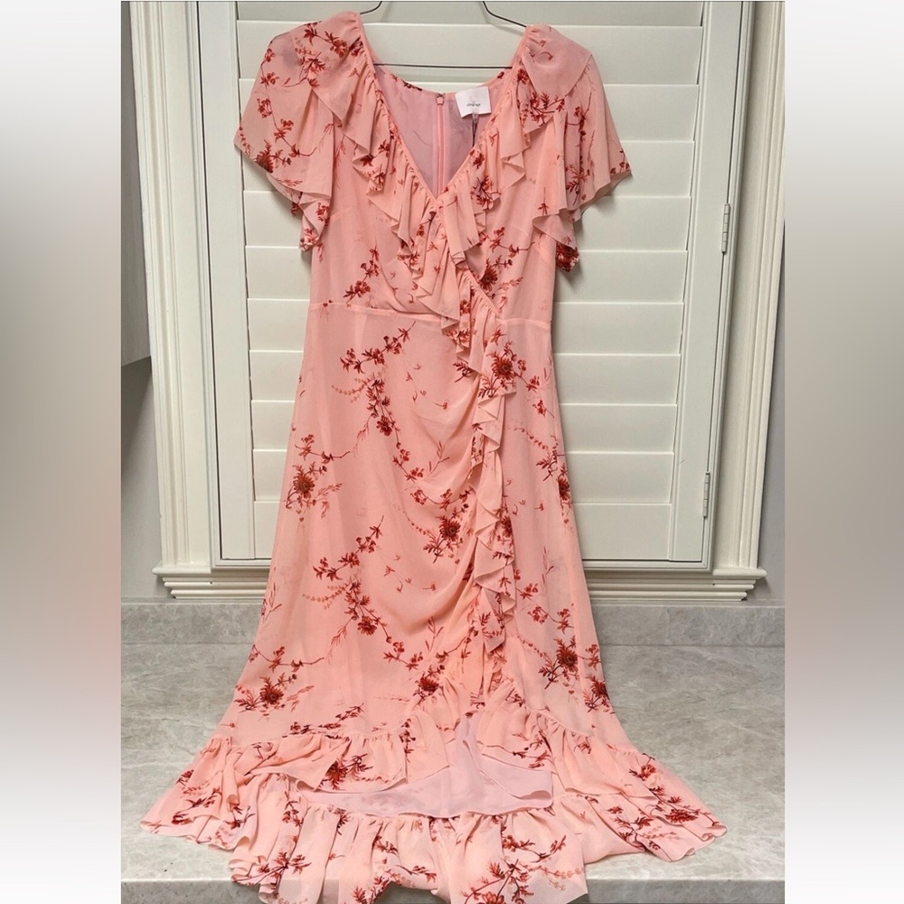 Cinq a Sept Fleur Sheila Faux Wrap dress. pale roseFloral Pink Ruffle Wrap Dress - Picture 13 of 15